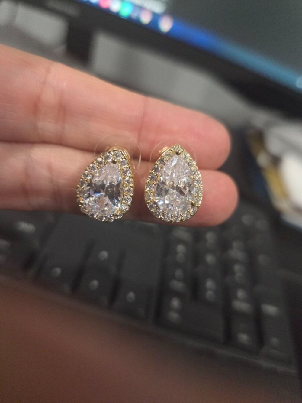 Gold Tone Pear Cut CZ Halo Stud Earrings NWOT Costume Jewelry